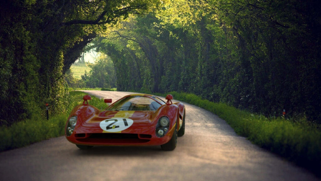 Ferrari 330 vintage sports car speeding on winding forest road with lush green trees background Wallpaper