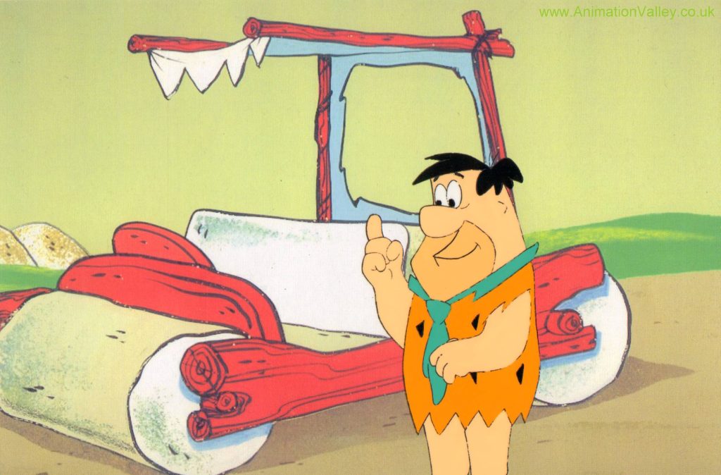 Fred Flintstone with iconic Flintmobile 2D cartoon wallpaper nostalgic Hanna-Barbera design