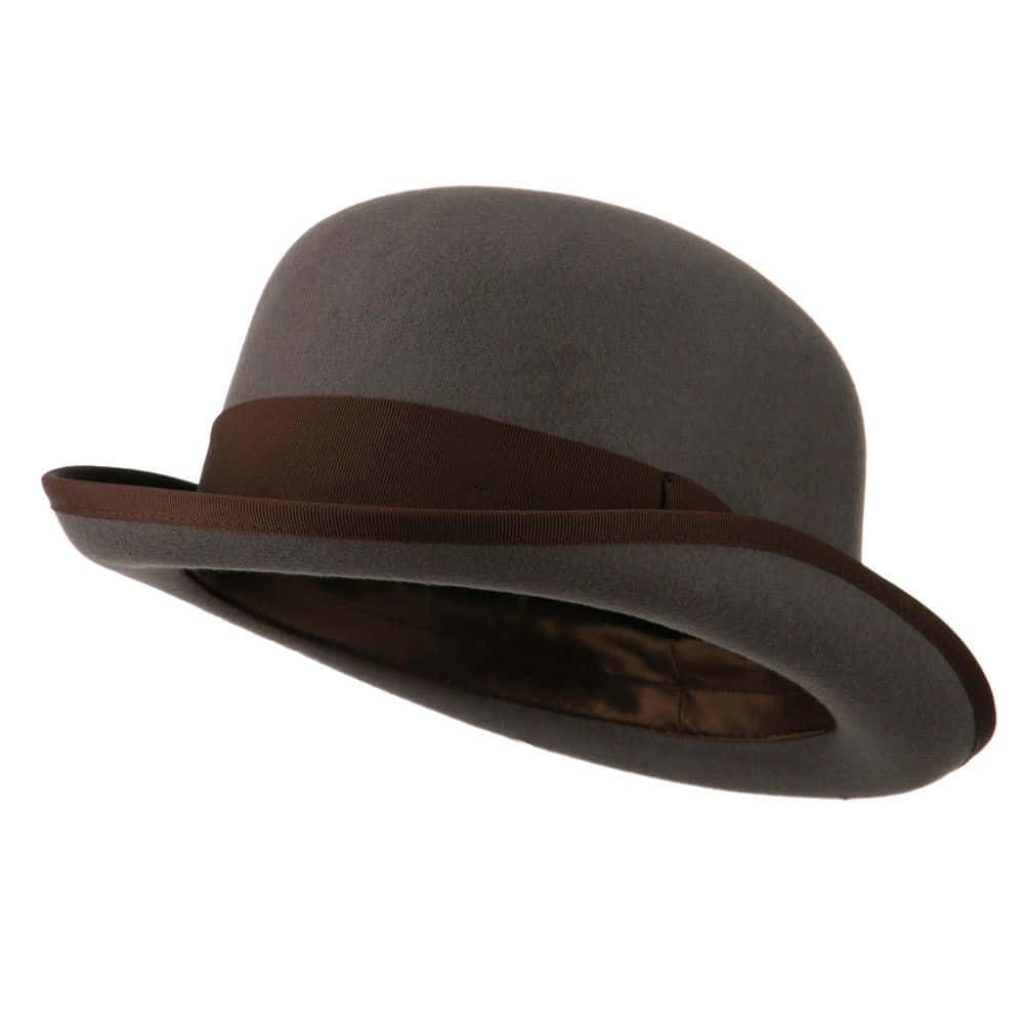 Classic grey bowler hat with dark brown ribbon isolated on white minimalist background Wallpaper