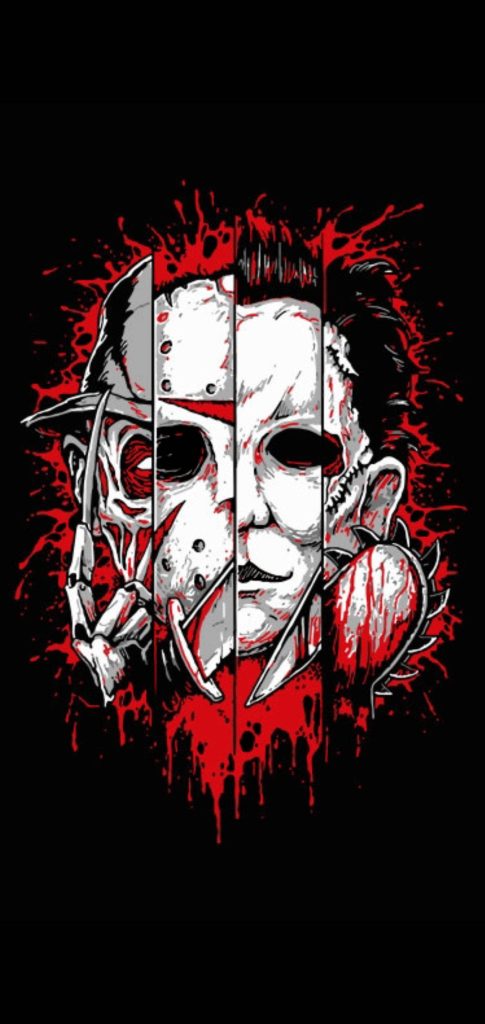 Vertical horror illustration featuring Freddy Krueger Jason Myers and Leatherface blood splatter background Wallpaper