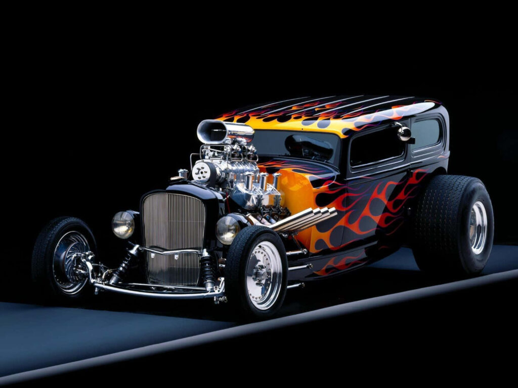 Bold Hot Rod Car Wallpaper: Striking Flame Design on Black Background