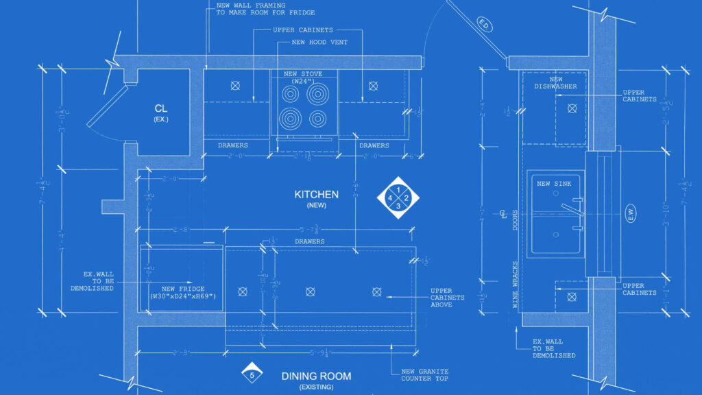 Kitchen blueprint wallpaper showing detailed layout of appliances cabinets and workspaces design plan