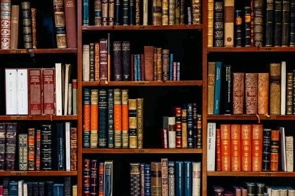 Classic library wallpaper with neatly arranged rows of beautifully bound books on shelves