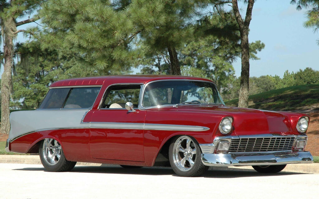 Vintage Maroon Chevy Nomad Wallpaper: Classic Design & Nature Backdrop