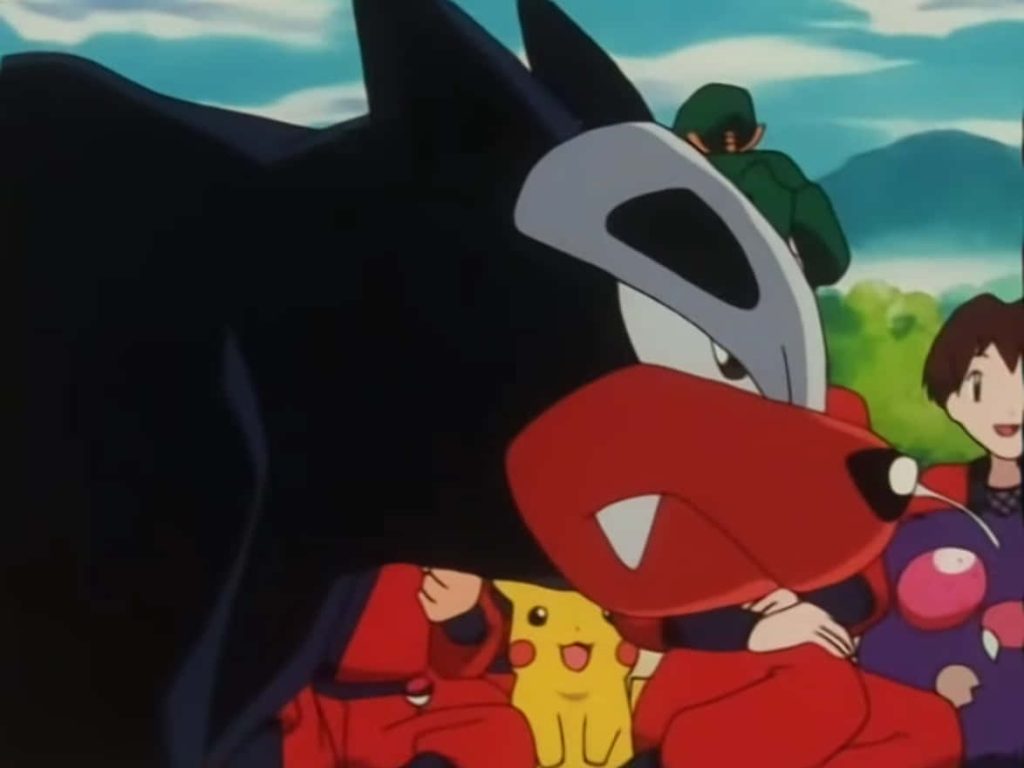 Fierce Houndour with Pikachu and Ash Ketchum in retro Pokémon anime wallpaper background