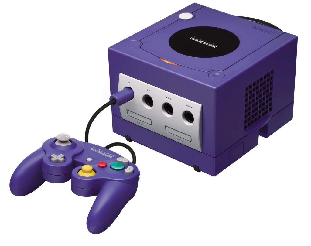 Purple Nintendo GameCube with matching controller studio-lit clean vintage game console wallpaper