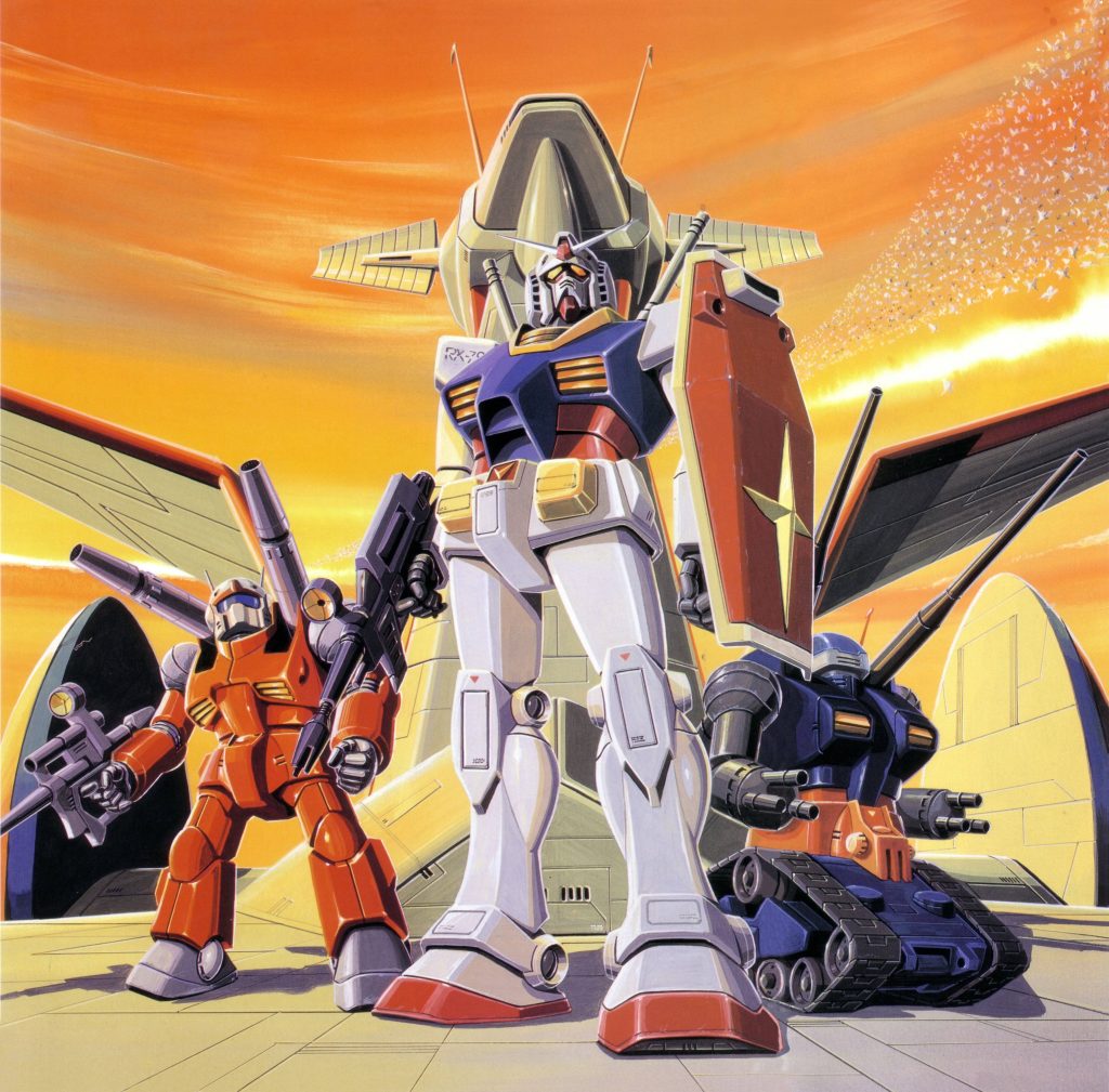 Classic Mobile Suit Gundam RX-78-2 with GM Cannon and Guntank at sunset anime wallpaper