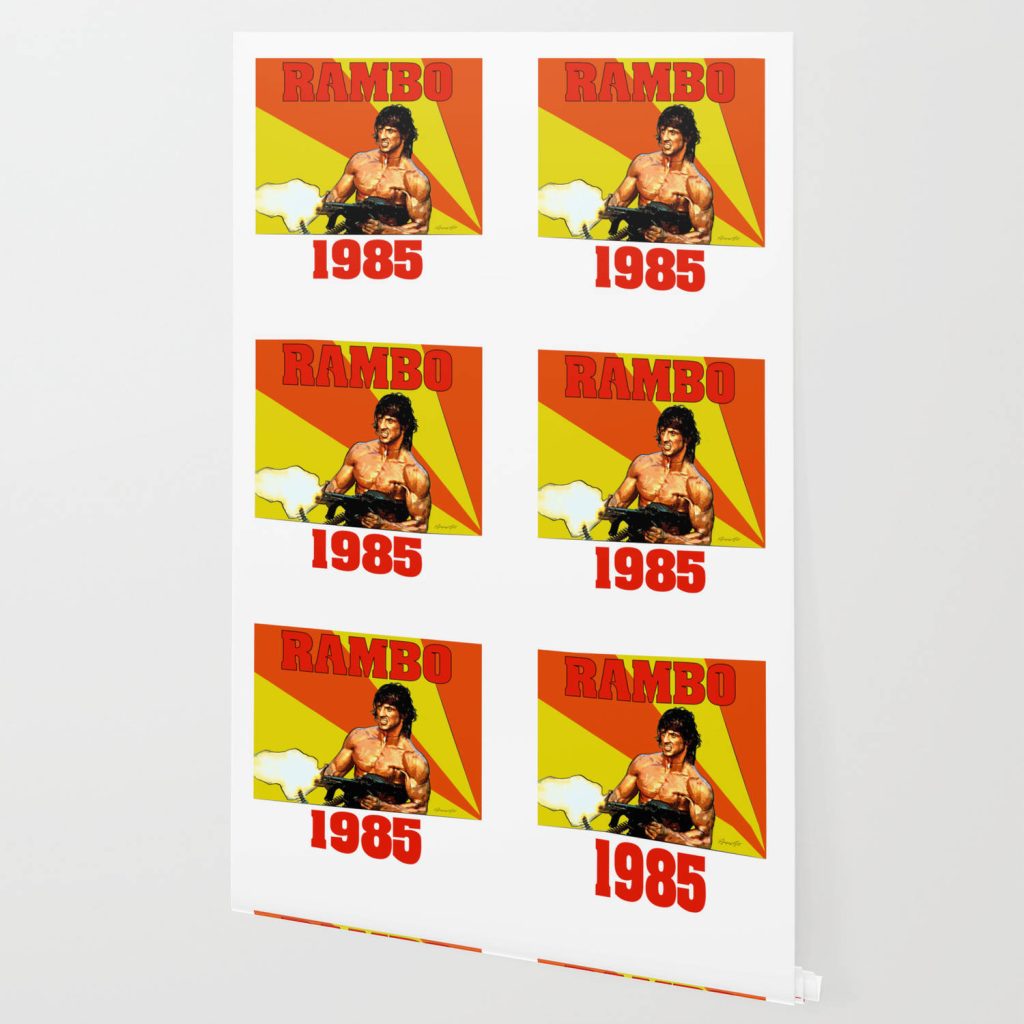 Rambo 1985 poster wallpaper grid with Sylvester Stallone shooting against retro yellow background