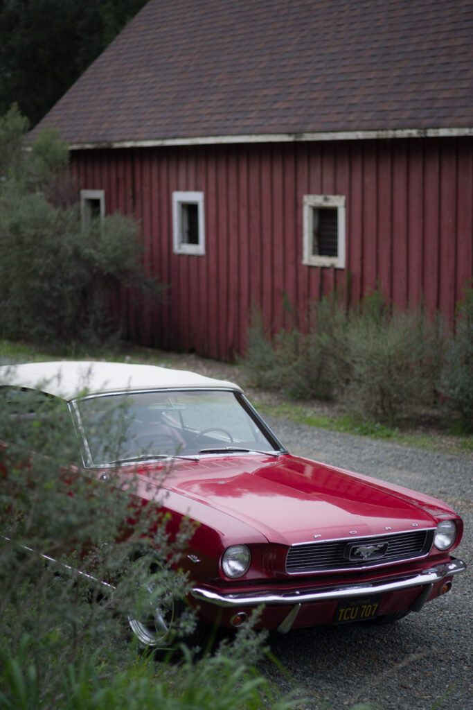 Classic Red Ford Mustang by Rustic Barn - Vintage Car Wallpaper
