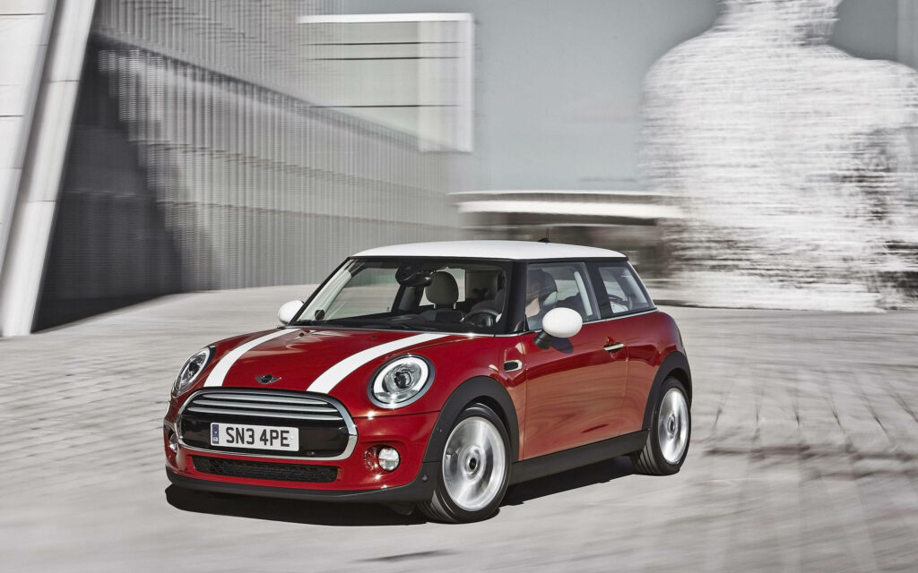 Classic Red Mini Cooper Wallpaper: Urban Chic Racing Stripes Background
