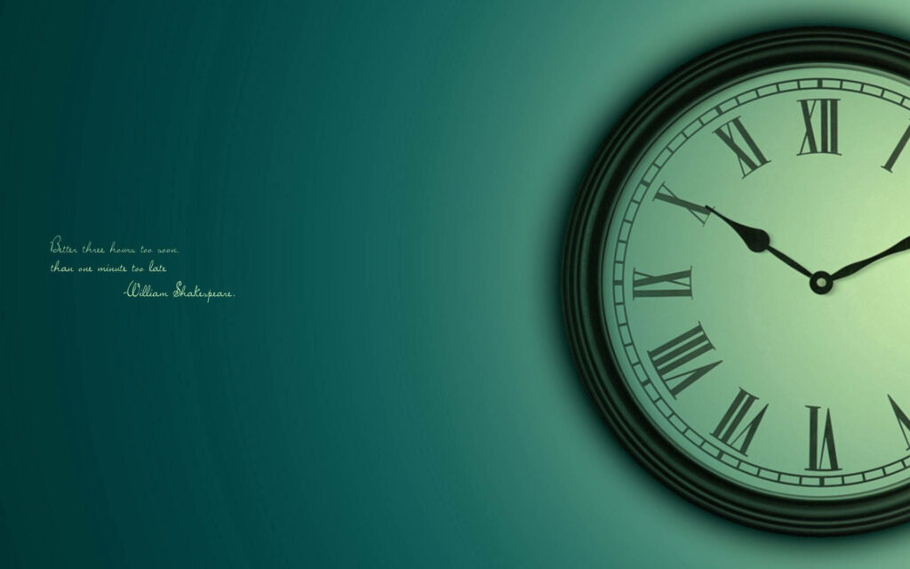 Roman numeral clock on teal gradient with William Shakespeare time quote for inspiring wallpaper