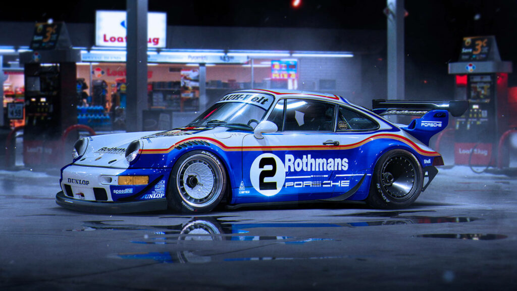 Classic Rothmans Porsche racing car at night with blue white red livery and racing decals wallpaper