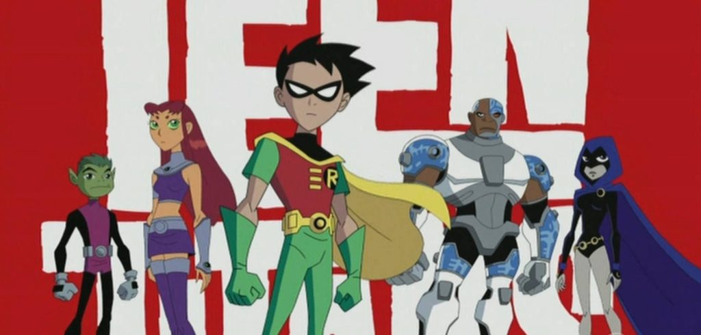 Classic 2003 Teen Titans wallpaper with Robin Starfire Cyborg Raven and Beast Boy on red background