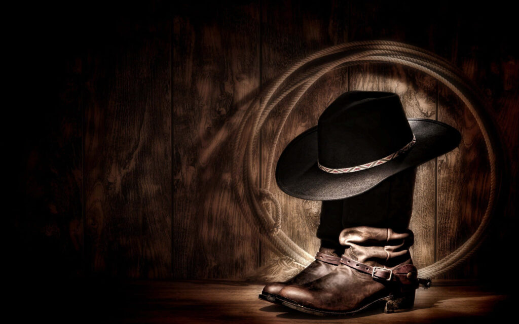 Western cowboy hat boots and coiled lasso on rustic wood background vintage cowboy wallpaper