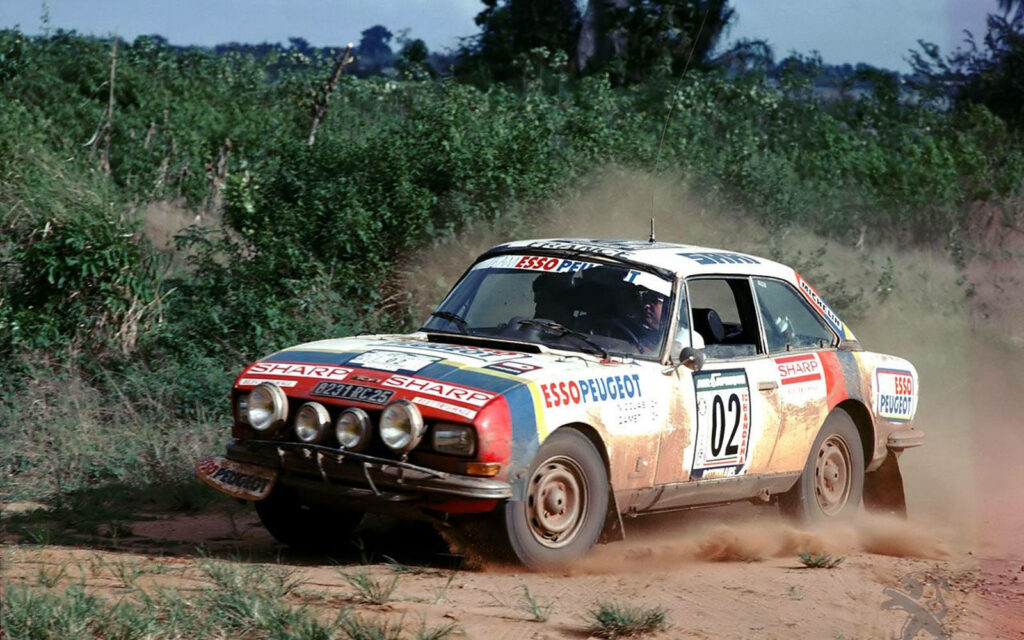 Classic white rally car racing on dusty dirt track vintage motorsport excitement wallpaper