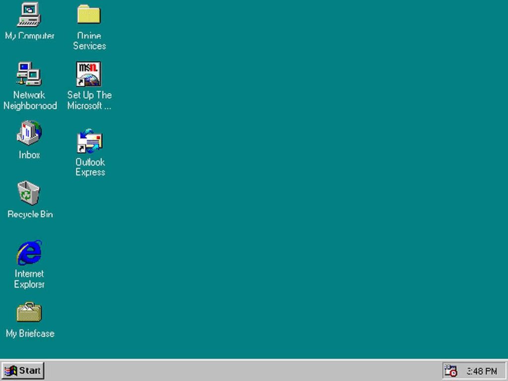 Windows 95 classic desktop wallpaper with teal background vintage icons and original taskbar retro design