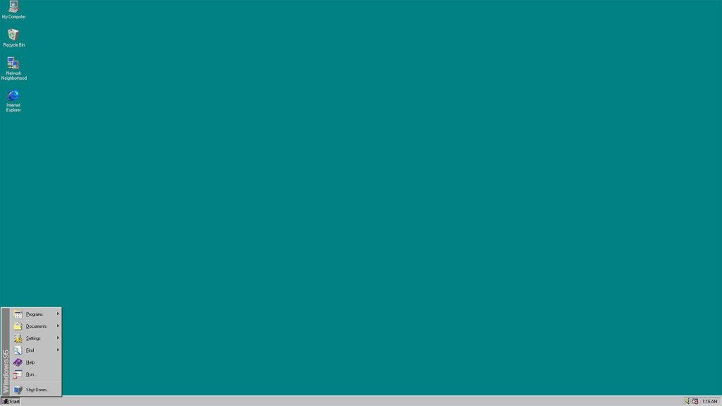 Windows 95 desktop wallpaper with teal background classic icons Start menu and vintage taskbar