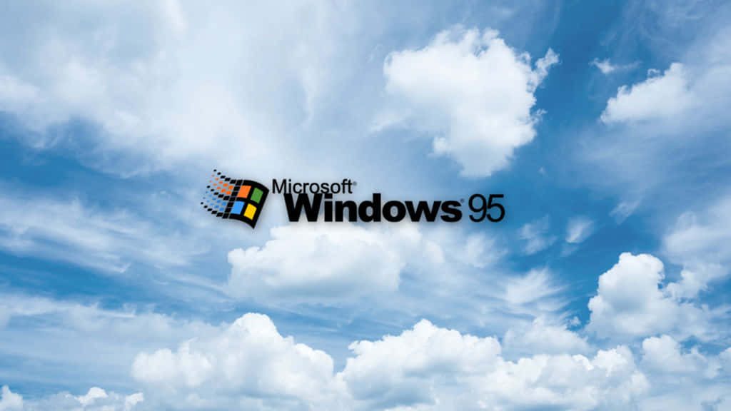 Retro Windows 95 wallpaper with classic four-color logo against bright blue sky and clouds