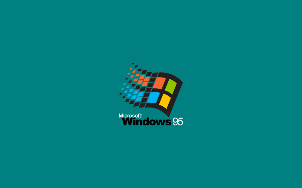 Classic Windows 95 wallpaper with multicolored Microsoft logo on deep teal retro tech background