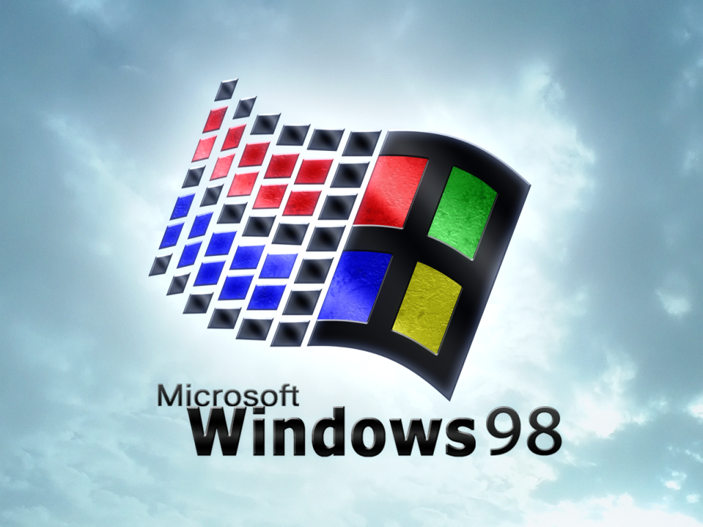 Retro Windows 98 wallpaper with iconic four-color waving flag on cloudy blue sky background