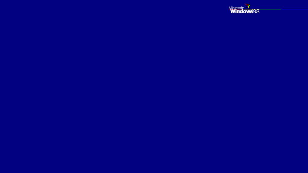 Windows 98 wallpaper with minimalist deep blue background and iconic vintage logo top right corner