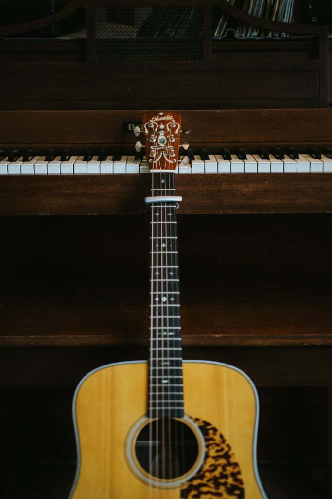 Classic Acoustic Guitar & Vintage Piano: Musical Harmony Wallpaper