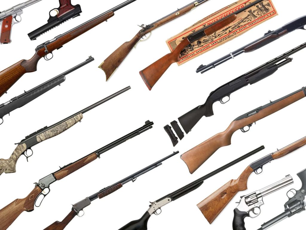 High-quality gun wallpaper featuring classic Winchester rifles and modern tactical shotguns on white