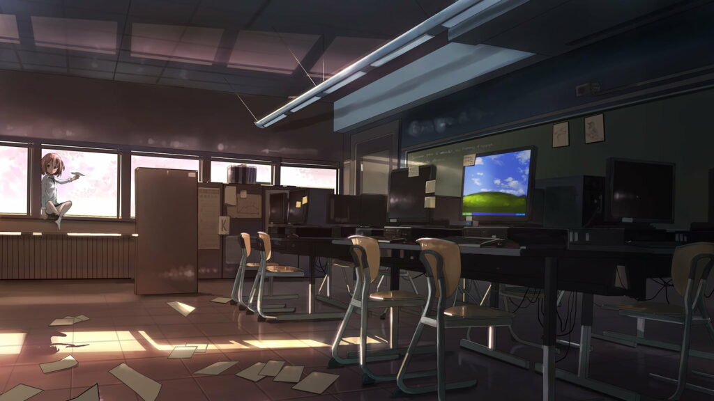 Anime girl daydreaming by classroom window at twilight with warm light and Windows XP wallpaper