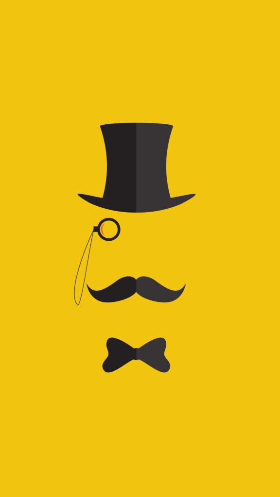 Dapper Gentleman Illustration: Stylish Man with Top Hat, Monocle, Mustache, and Bow Tie on Vibrant Yellow Background for Samsung Galaxy Note 10 Plus Wallpaper