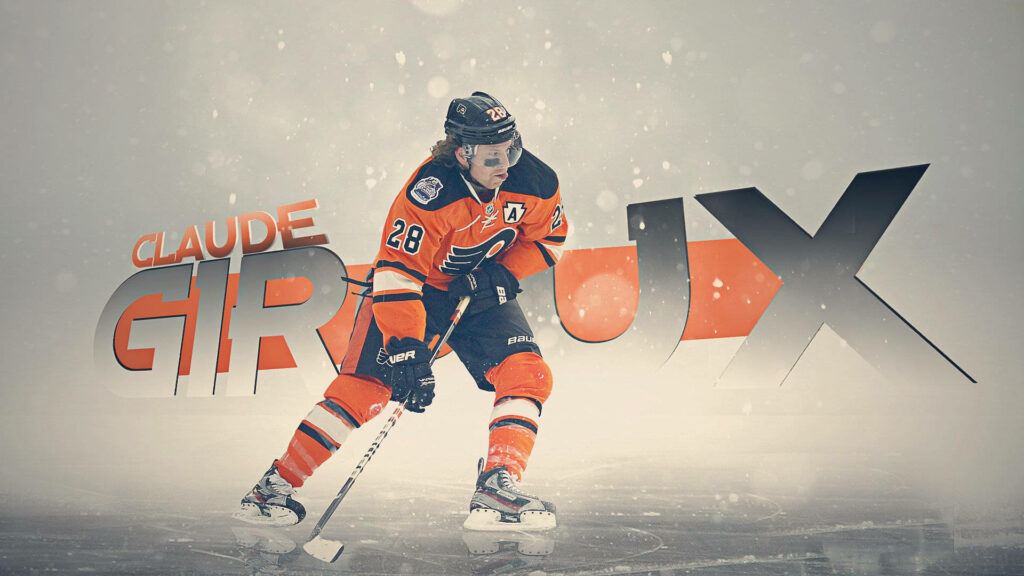 Claude Giroux in orange Flyers jersey action pose with intense focus on frosty textured background Wallpaper