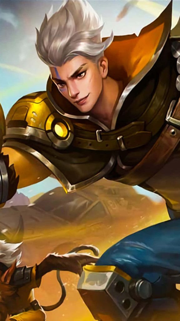 Claude Mobile Legends wallpaper with Golden Bullet skin and monkey companion Dexter in gold light