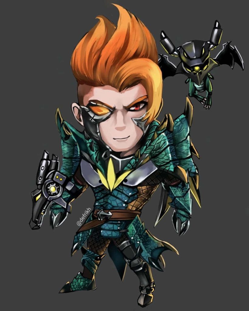 Chibi Claude Mobile Legends Mecha Dragon skin with orange hair green armor and mechanical Dexter Wallpaper