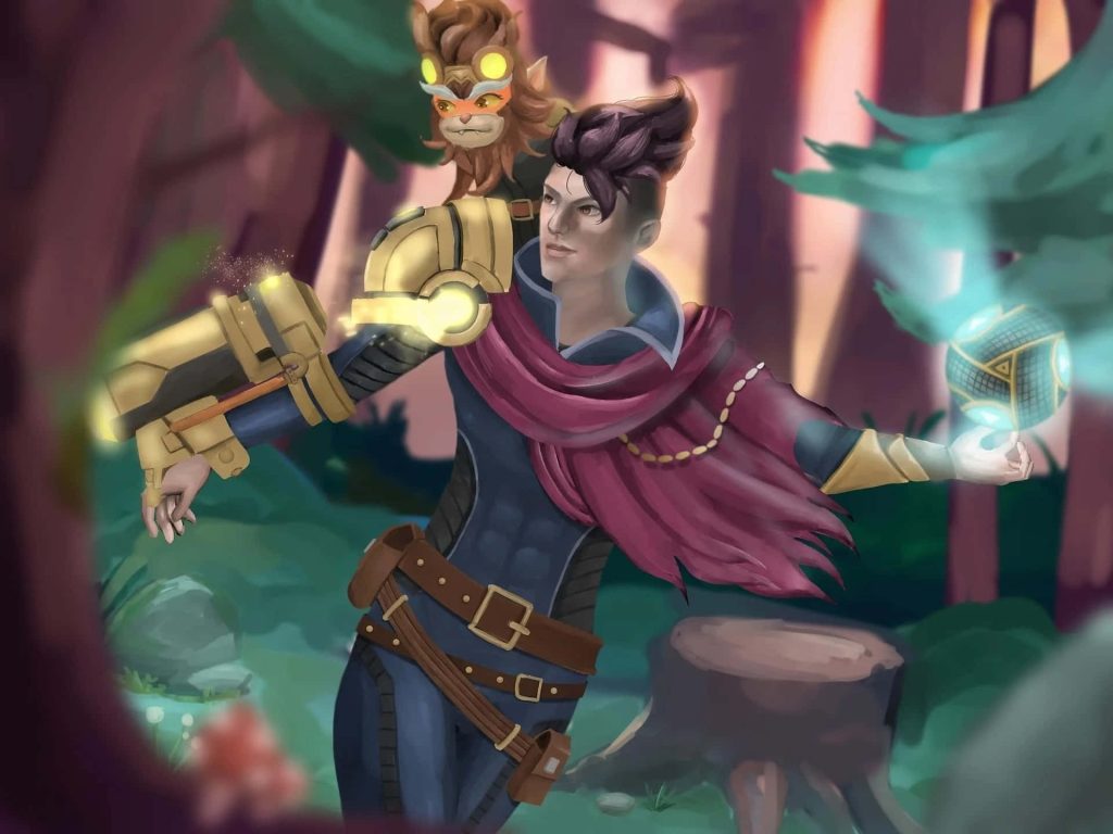 Claude from Mobile Legends with Dexter in lush forest wearing mechanical gauntlet wallpaper