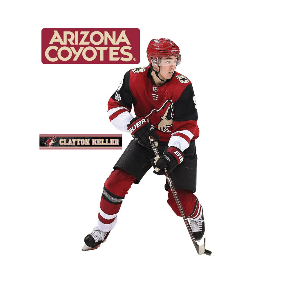 Clayton Keller Arizona Coyotes action wallpaper with team logo and vibrant hockey colors background
