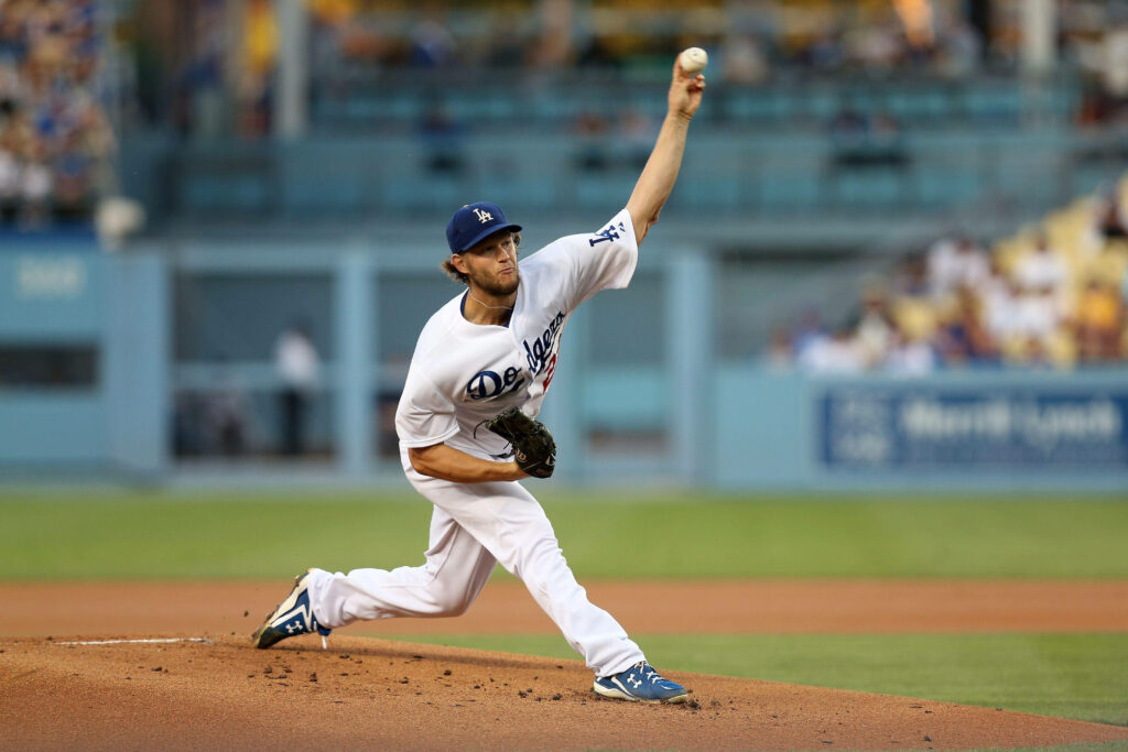 Clayton Kershaw pitching for Los Angeles Dodgers vibrant action shot wallpaper background