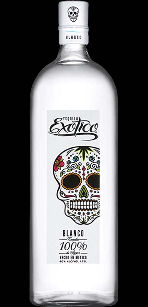 Clear Exotico Tequila Blanco bottle with vibrant sugar skull label on modern white background wallpaper