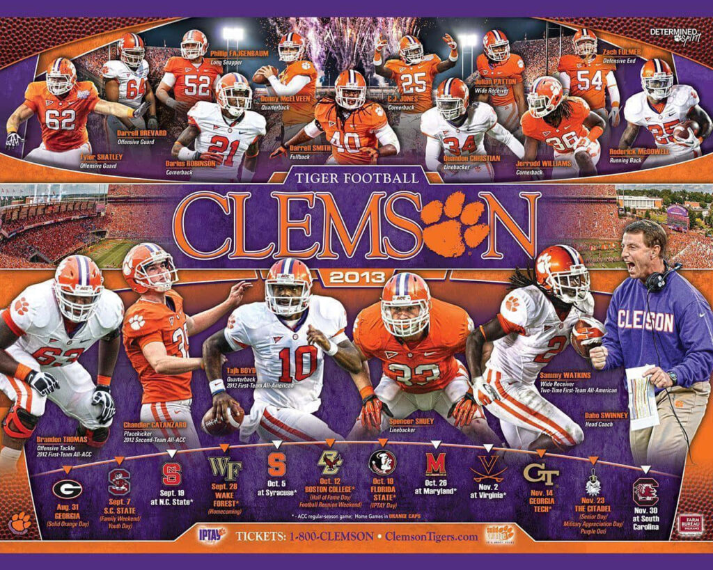 Clemson Tigers football 2013 schedule wallpaper with players in orange uniforms and stadium background