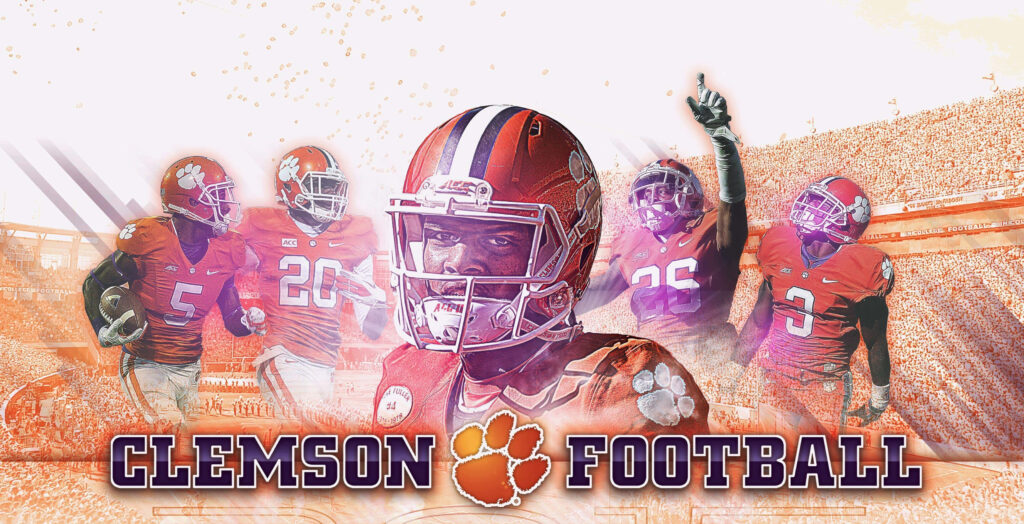 Clemson Tigers football players in orange uniforms with roaring stadium and paw logo wallpaper