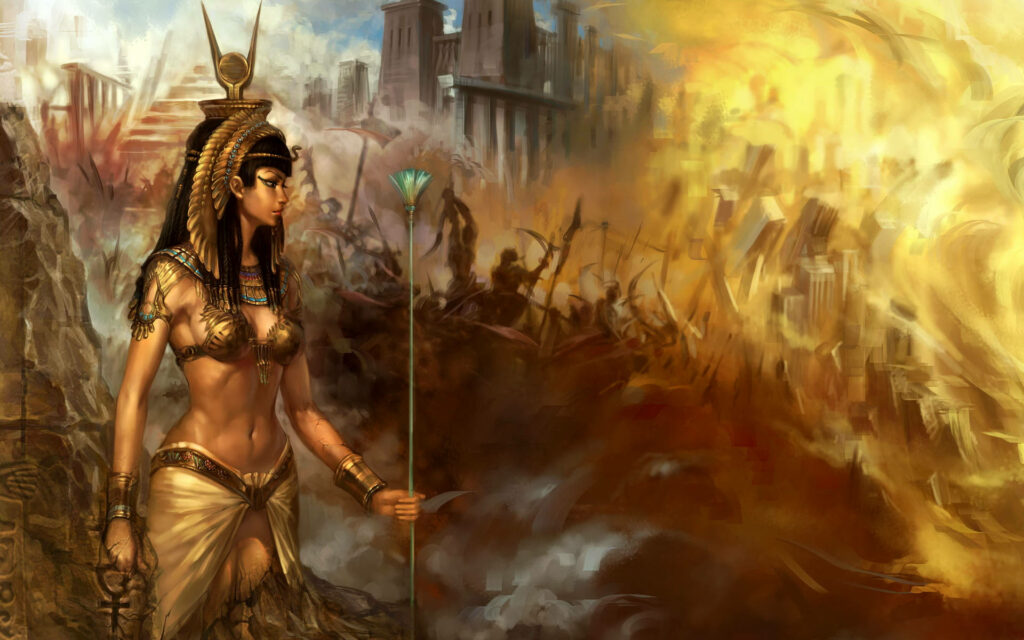 Cleopatra standing confidently with Egyptian temples pyramids warriors and flames historical wallpaper