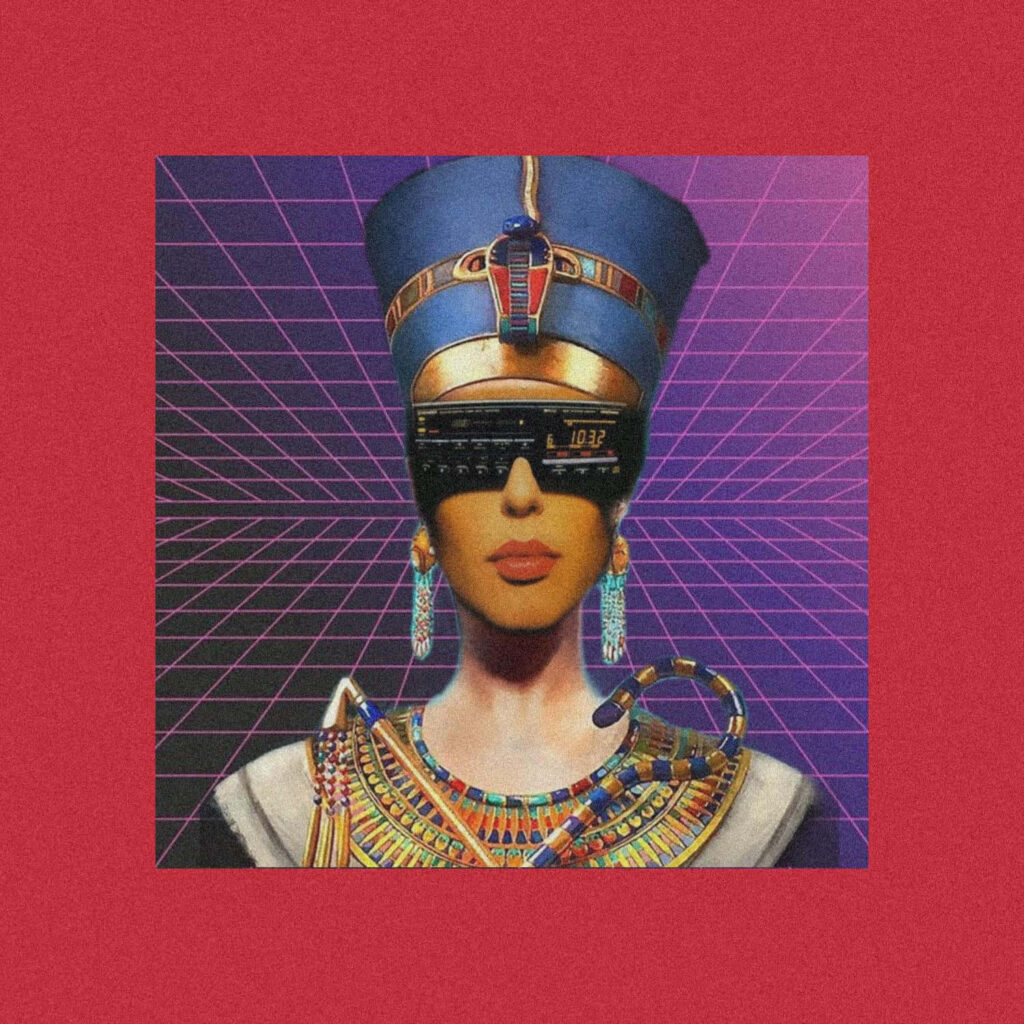 Cleopatra wearing futuristic sunglasses with vibrant geometric grid background retro style wallpaper