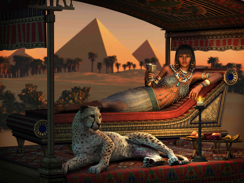Cleopatra reclines on luxurious chaise in Egyptian attire with pyramids and cheetah background Wallpaper