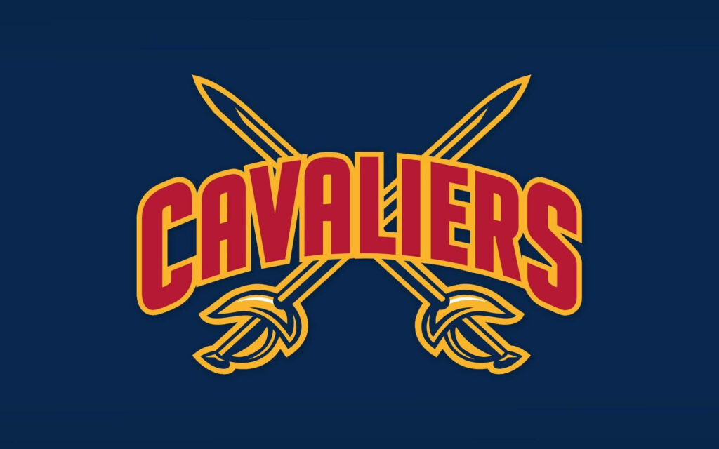 Cleveland Cavaliers logo with crossed yellow swords red gold text on deep blue wallpaper background