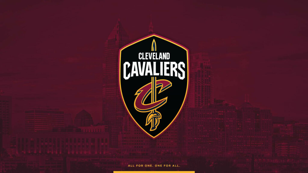 Cleveland Cavaliers logo on maroon background with subtle cityscape wallpaper background design