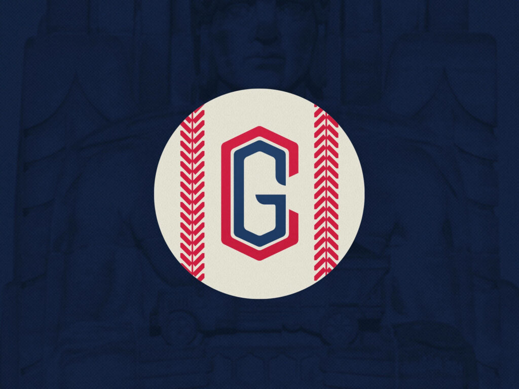 Cleveland Guardians logo centered in baseball design with red and navy blue sports wallpaper
