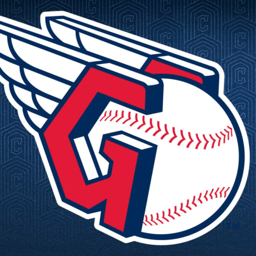 Cleveland Guardians logo wallpaper with bold red G white baseball blue red outlines wings background