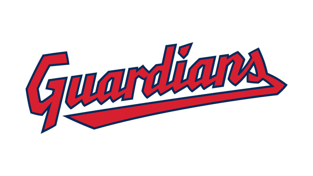 Cleveland Guardians wallpaper with bold red and blue lettering on a clean white minimalist background