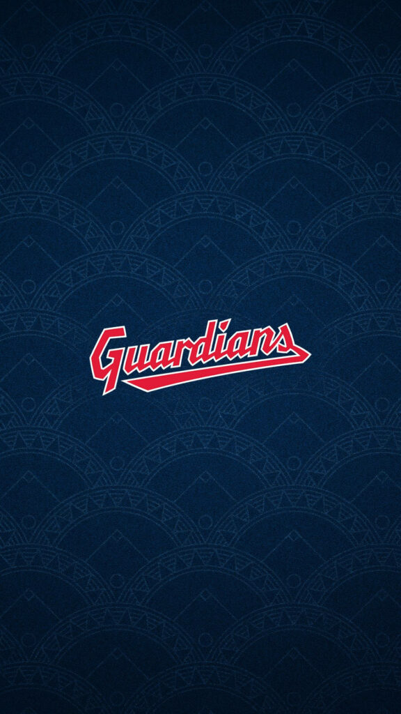 Cleveland Guardians bold red white script wordmark on textured navy blue geometric wallpaper