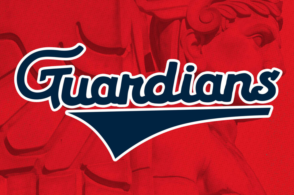 Cleveland Guardians logo on bold red background with blue white lettering and historic sculpture Wallpaper