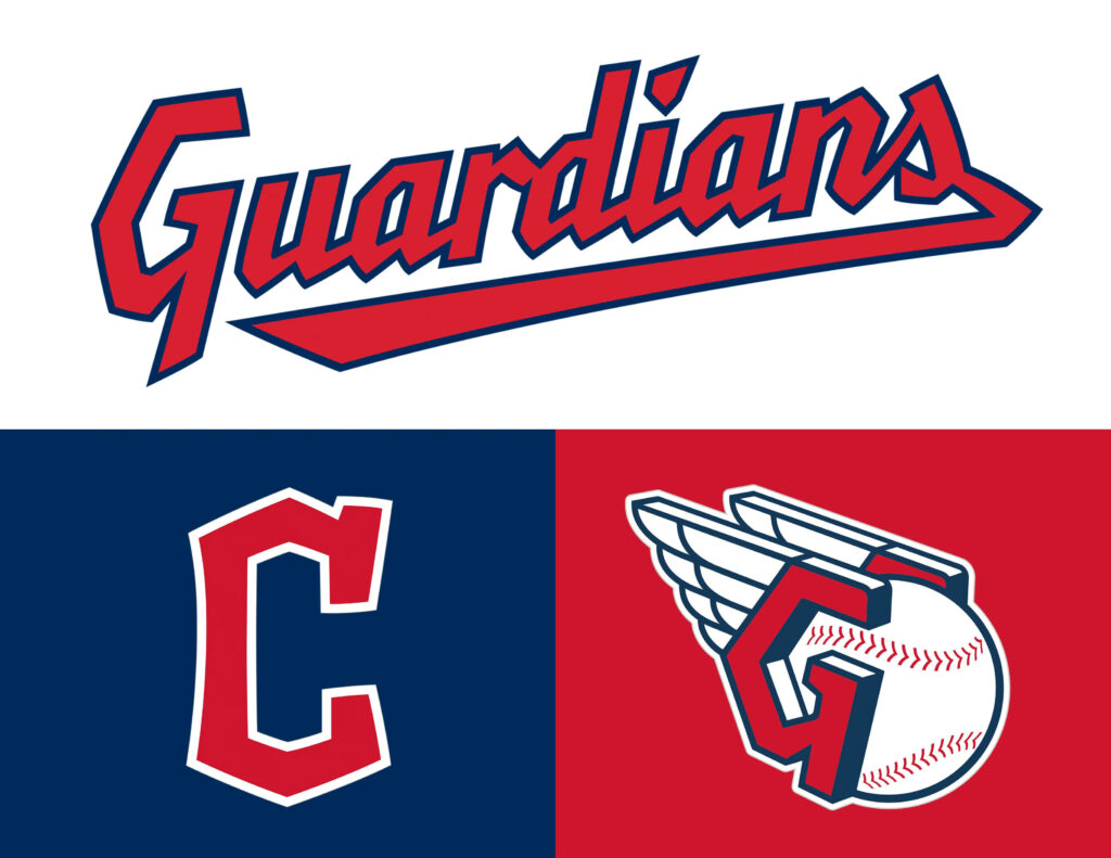 Cleveland Guardians wallpaper with red script logo navy C emblem and winged G baseball emblem