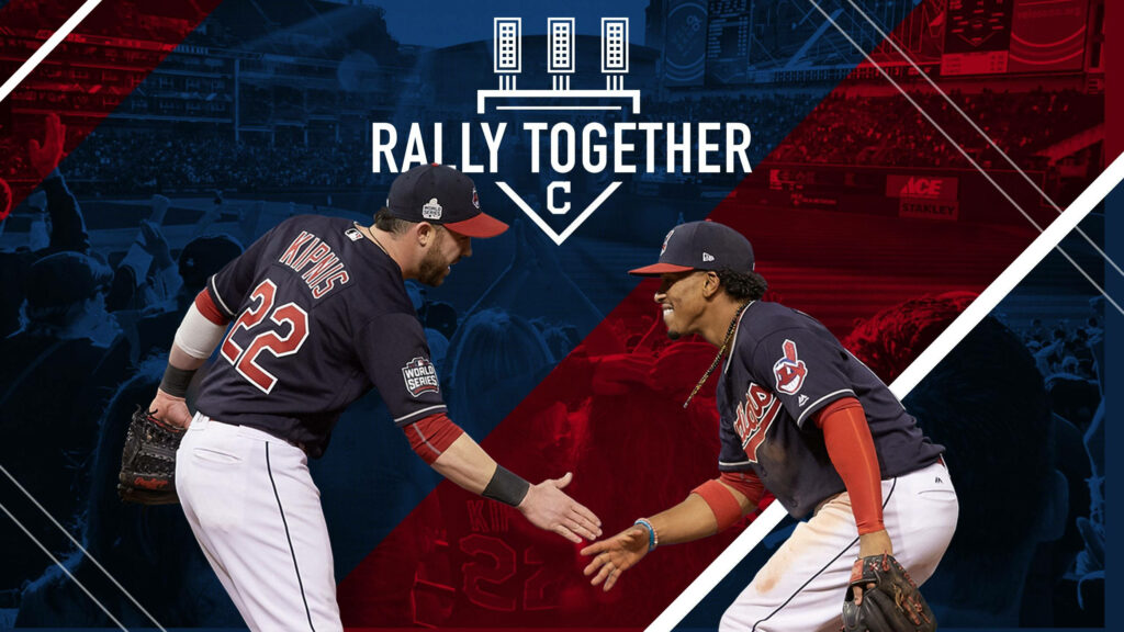 Cleveland Indians players handshake celebrating unity on red and blue World Series wallpaper background